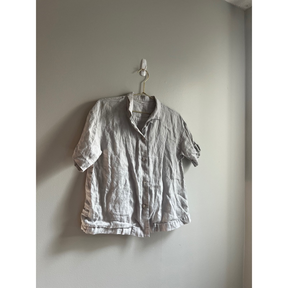 Muji Womens XS Light Grey 100% Linen Short Sleeve Button Down Shirt Summer